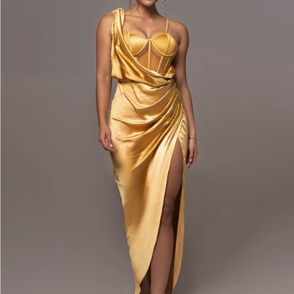 JLUXLABEL Gold Cream Asymmetrical Slit Gown